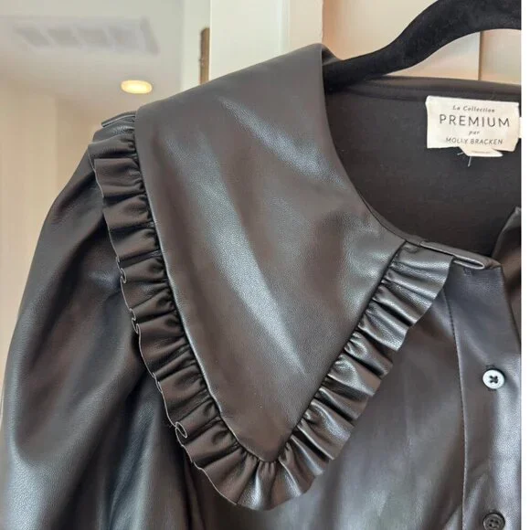 Molly Bracken Premium Faux Leather Puff Sleeve Ruffle Collar Blouse | M - Picture 2 of 7